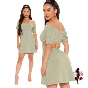 58 Fashion Nova NEW Riley Linen Mini Dress LARGE Sage Off Shoulder Boho Green